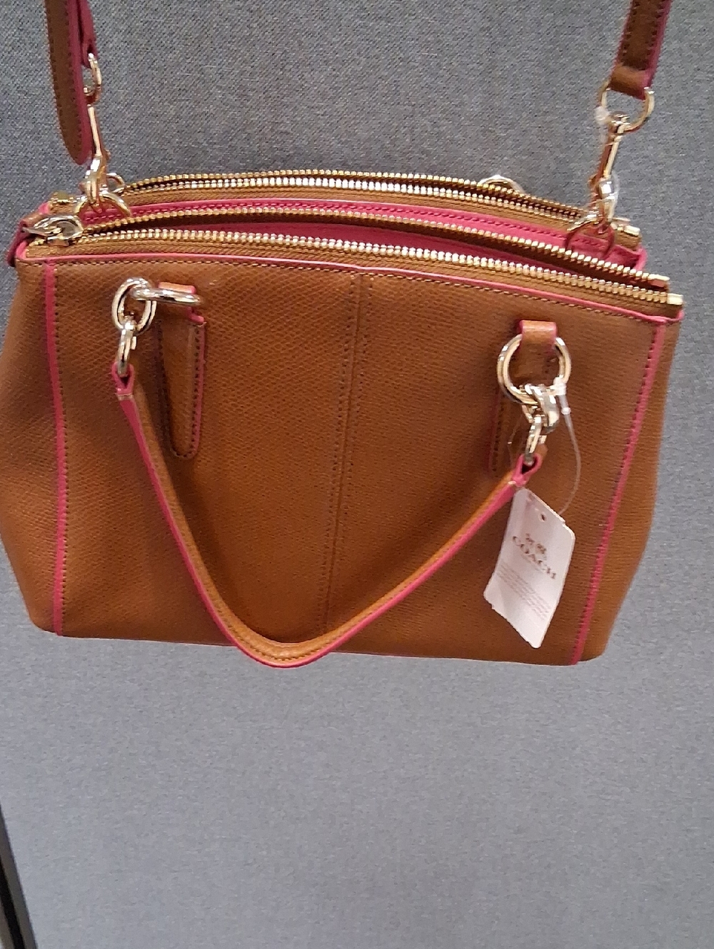 COACH Tan Leather Satchel with Pink Trim and Gold Hardware